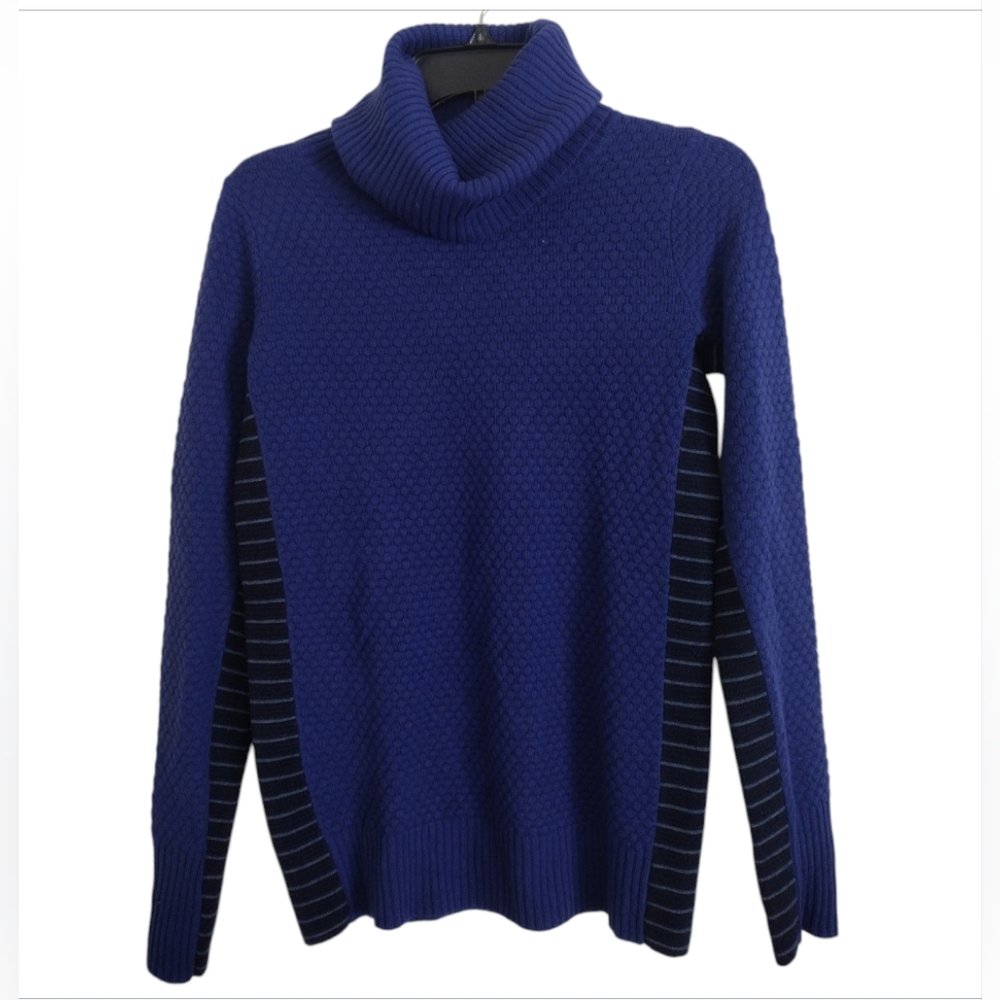 Athleta Cozy Blue Turtleneck Sweater black stripes merino wool size XS
